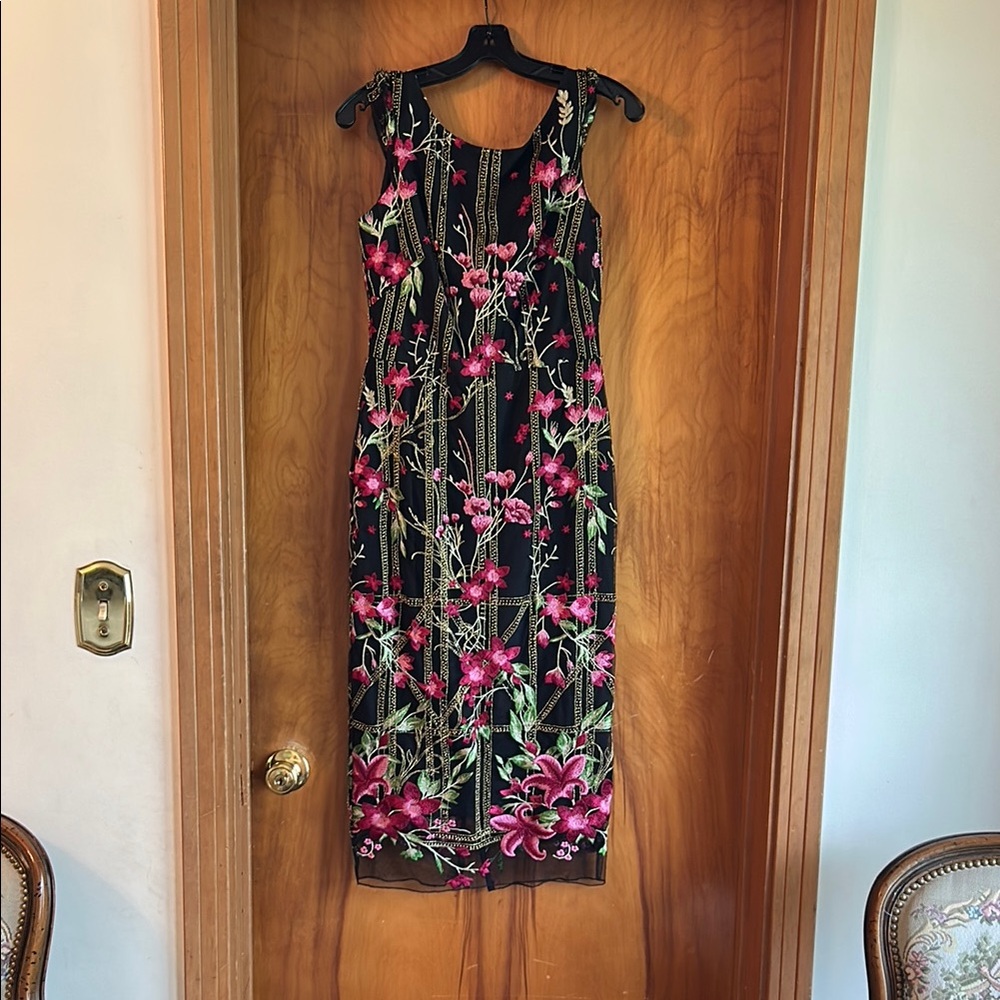 Marchesa Black and Pink Sheath Cocktail Dress
